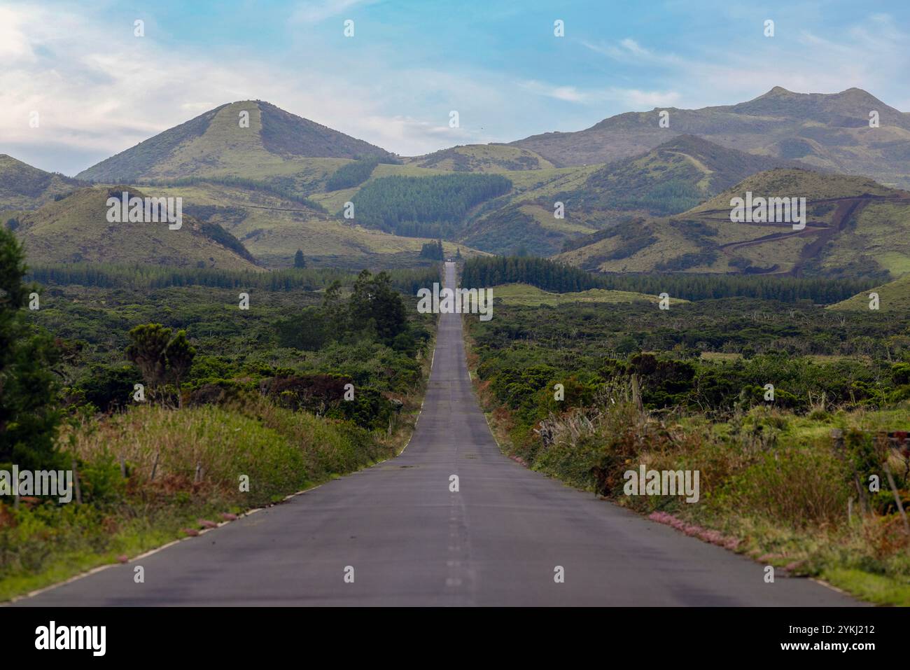 Un Road trip le long de la plus longue route droite du Portugal avec une vue sur le mont Pico et la chaîne de montagnes, les Açores. Banque D'Images