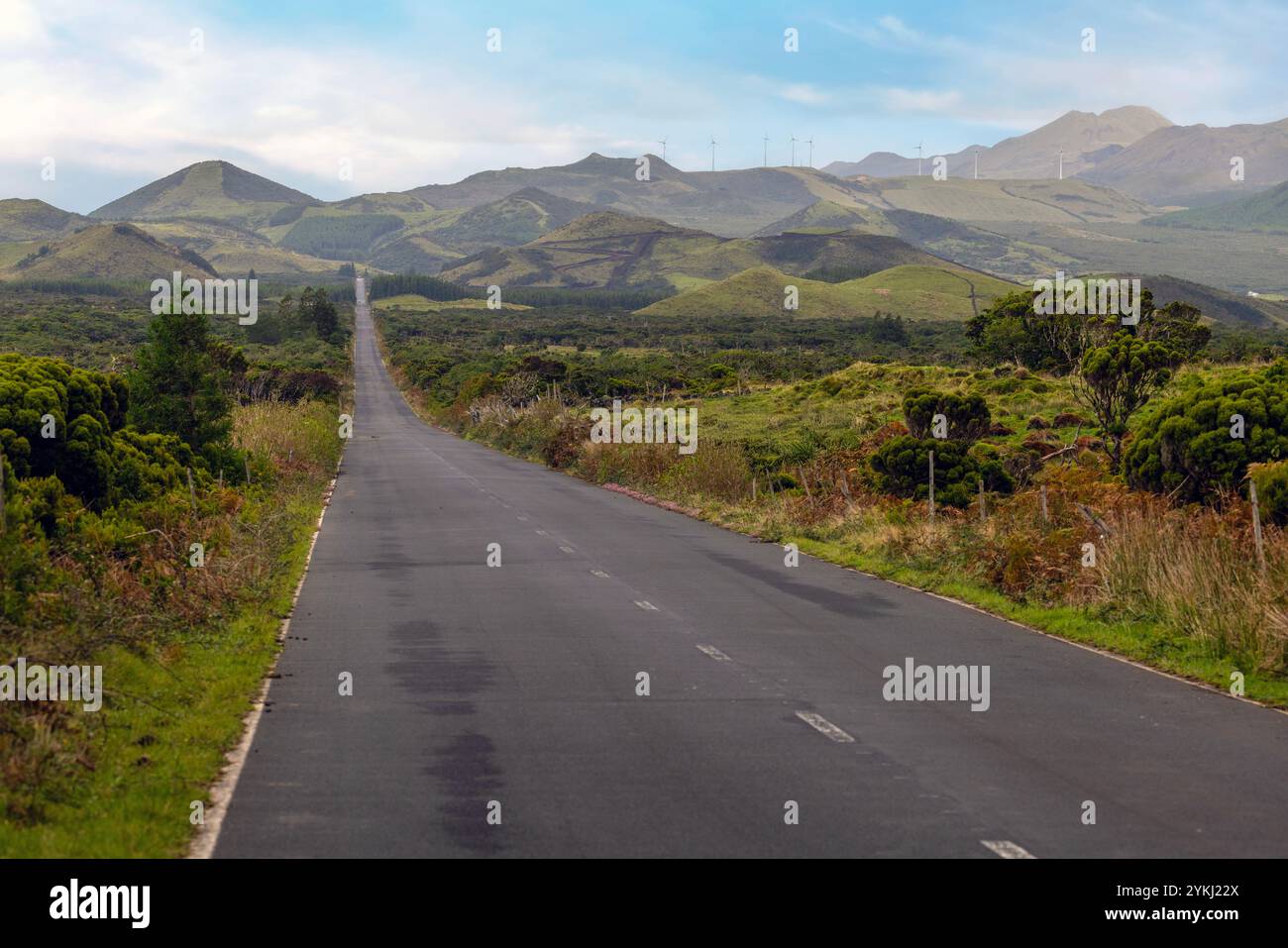 Un Road trip le long de la plus longue route droite du Portugal avec une vue sur le mont Pico et la chaîne de montagnes, les Açores. Banque D'Images
