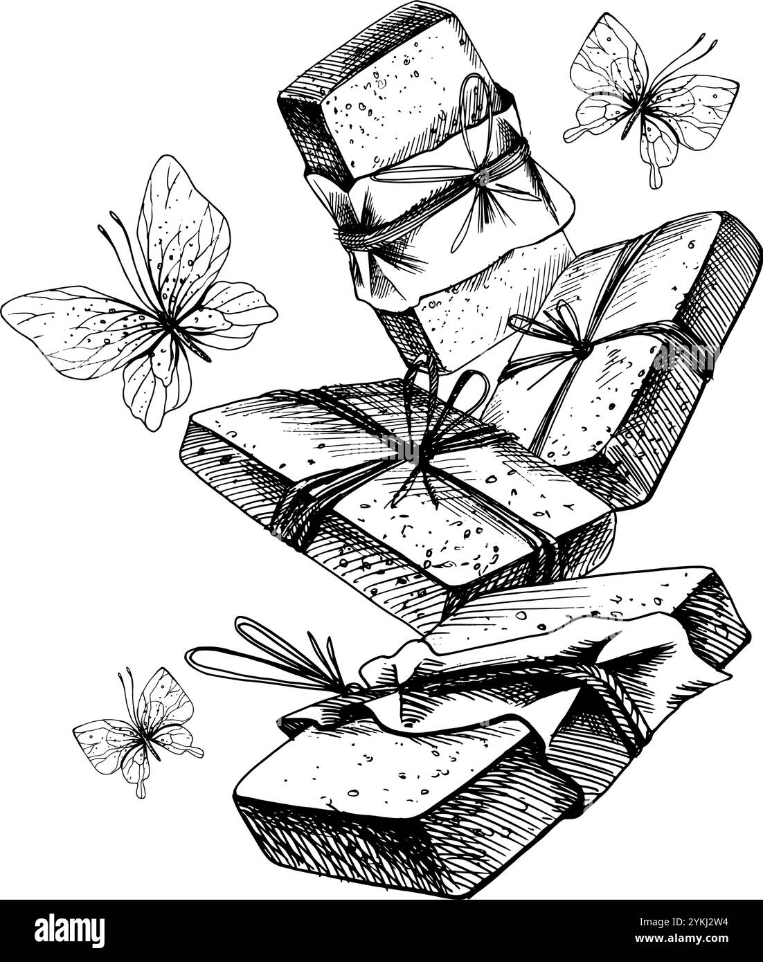 Savon fait à la main en papier artisanal, attaché avec une corde avec des papillons. Illustration graphique dessin au trait dessiné à la main en noir et blanc couleurs monochrome Illustration de Vecteur