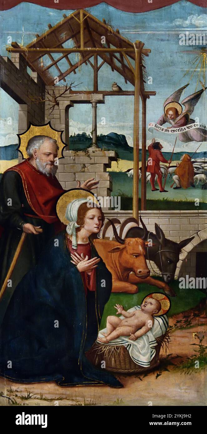 Nativité - table de création. Retable de Santa Maria de Segueró (Garrotxa) Pere Mates 1535/1550 16 siècle, Musée des Beaux-Arts de Gérone, Espagne, espagnol, ( un panneau d'un triptyque ) Triptyque de Maestro de Matas, ( Nativité, se réfère à la, naissance de Jésus, la figure centrale de la religion du christianisme, célébrer la Nativité, pendant, Noël, ) Banque D'Images