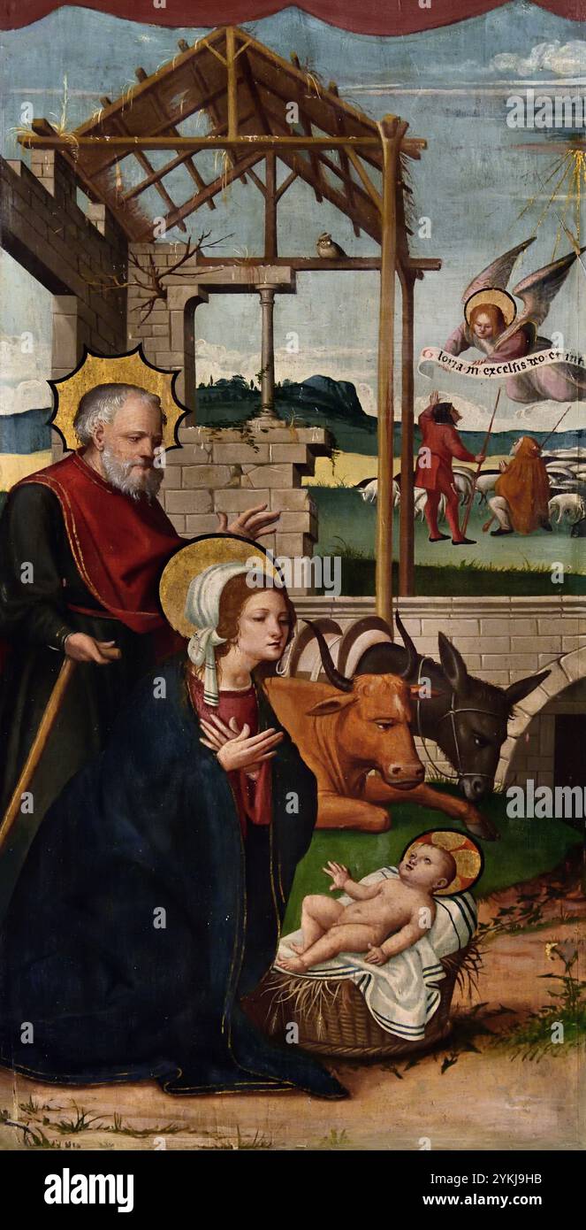 Nativité - table de création. Retable de Santa Maria de Segueró (Garrotxa) Pere Mates 1535/1550 16 siècle, Musée des Beaux-Arts de Gérone, Espagne, espagnol, ( un panneau d'un triptyque ) Triptyque de Maestro de Matas, ( Nativité, se réfère à la, naissance de Jésus, la figure centrale de la religion du christianisme, célébrer la Nativité, pendant, Noël, ) Banque D'Images