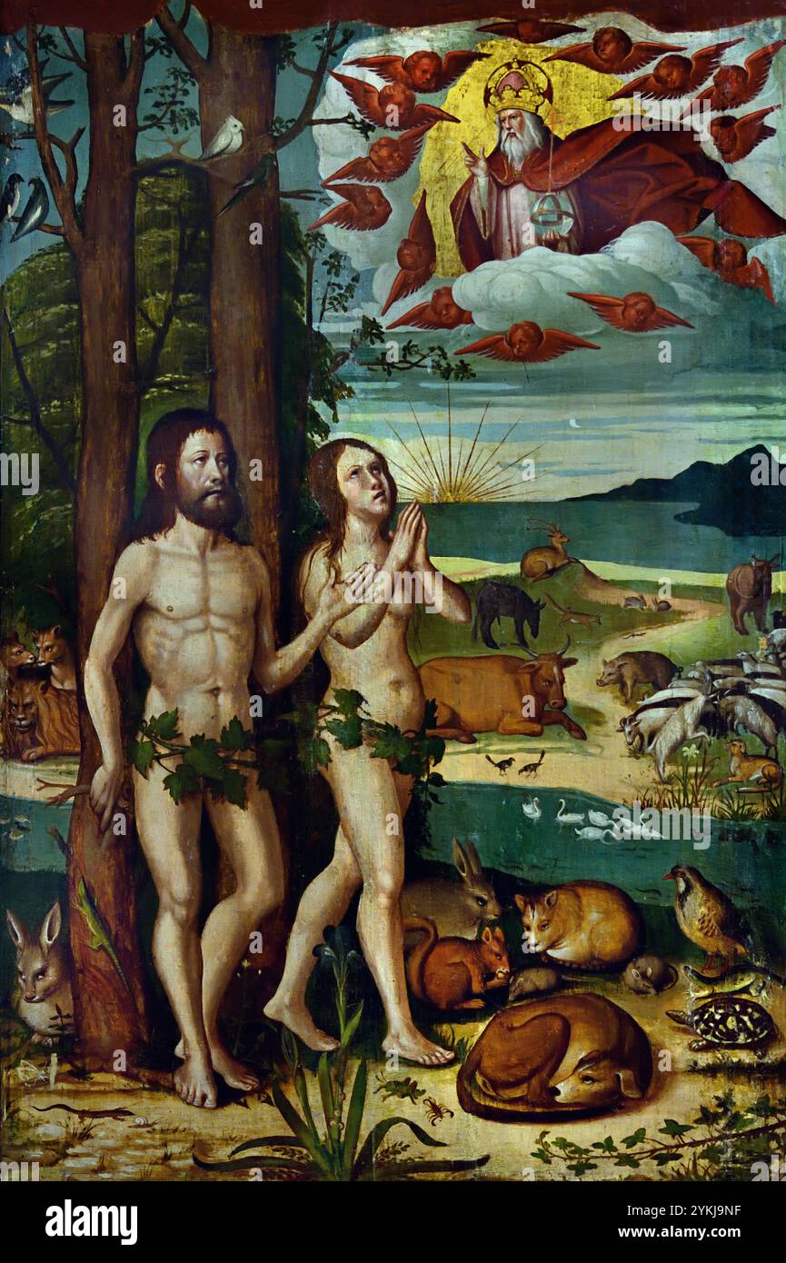 Adam et Eve - table de la création. Retable de Santa Maria de Segueró (Garrotxa) Pere Mates 1535/1550 16 siècle, Musée des Beaux-Arts de Gérone, Espagne, espagnol, ( un panneau d'un triptyque ) Triptyque de Maestro de Matas, Banque D'Images
