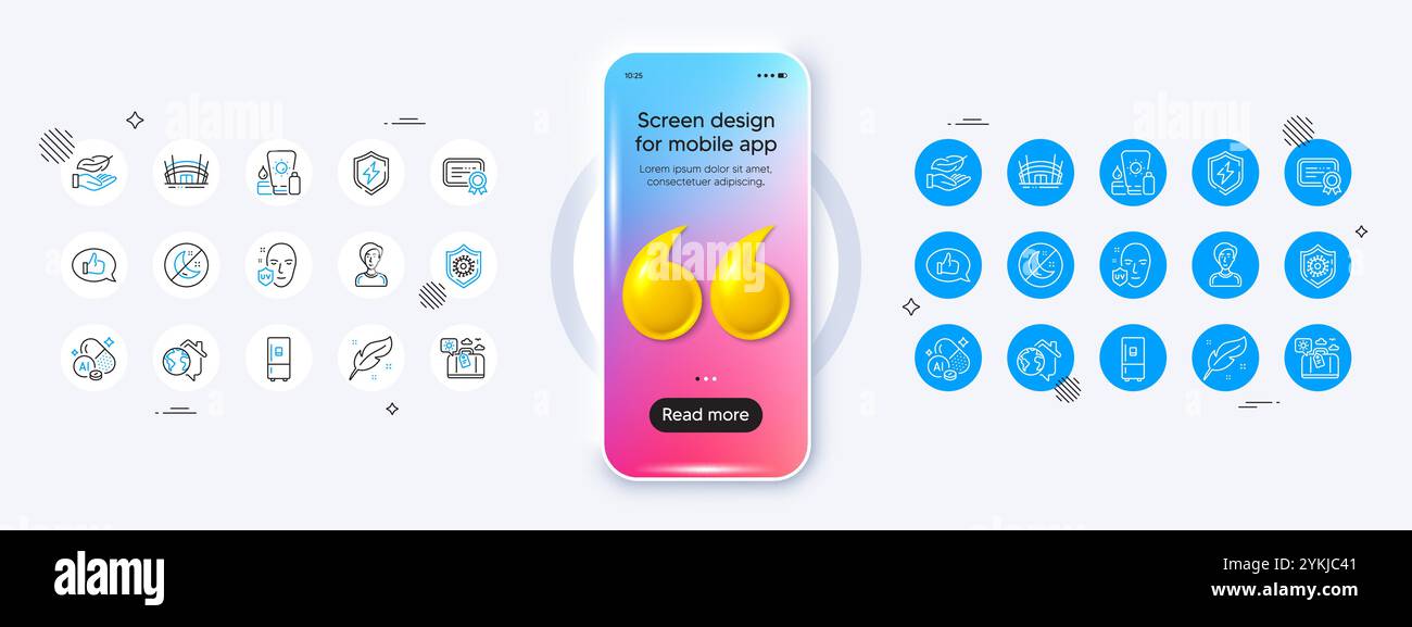 Icônes de commentaires, de certificat et de ligne de protection UV. Pour l'application Web, impression. Maquette de téléphone avec icône de devis 3D. Vecteur Illustration de Vecteur