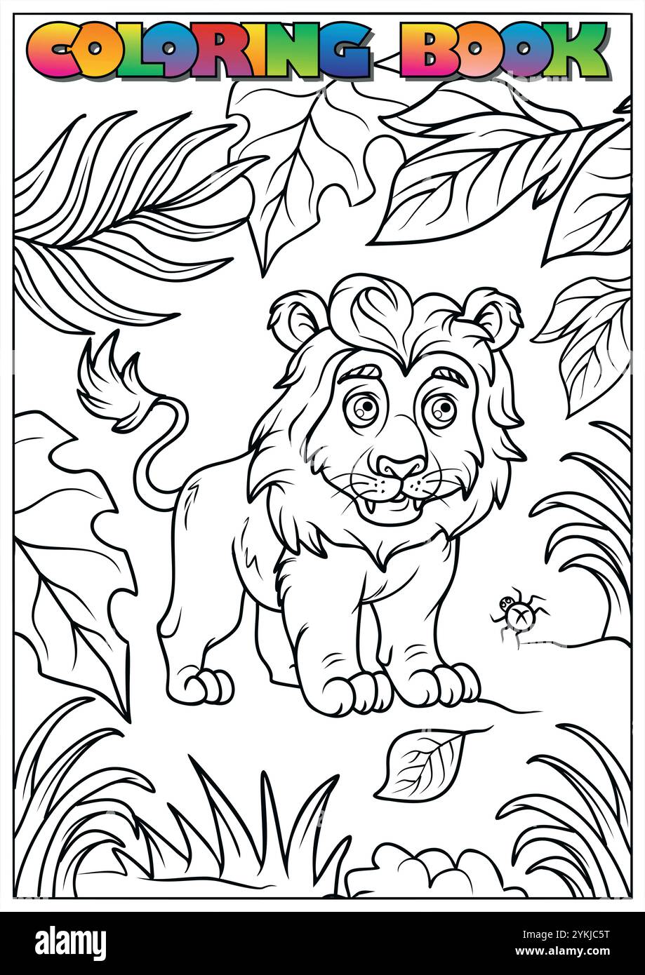 Adorable petit lion debout dans un cadre de jungle, entouré de feuilles et d'herbe, une page à colorier amusante pour les enfants Illustration de Vecteur