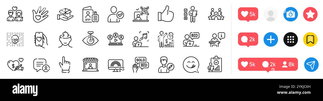 Paquet d'icônes de ligne inspecter, soins sociaux et identité confirmée. Pour l'application Web. Icônes de médias sociaux. Vecteur Illustration de Vecteur