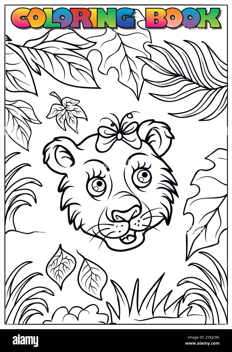 Adorable petit lion portant un arc avec papillon dans le cadre de la jungle, activité de coloration parfaite pour les enfants Illustration de Vecteur