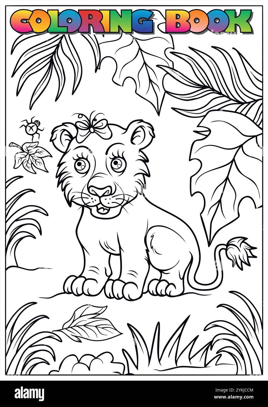 Adorable lion petit dans le cadre de la jungle, une activité de coloration amusante pour les enfants avec le thème de la nature Illustration de Vecteur