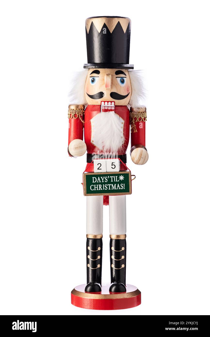 Casse-noisette soldat de Noël sur fond blanc, figurine jouet Banque D'Images