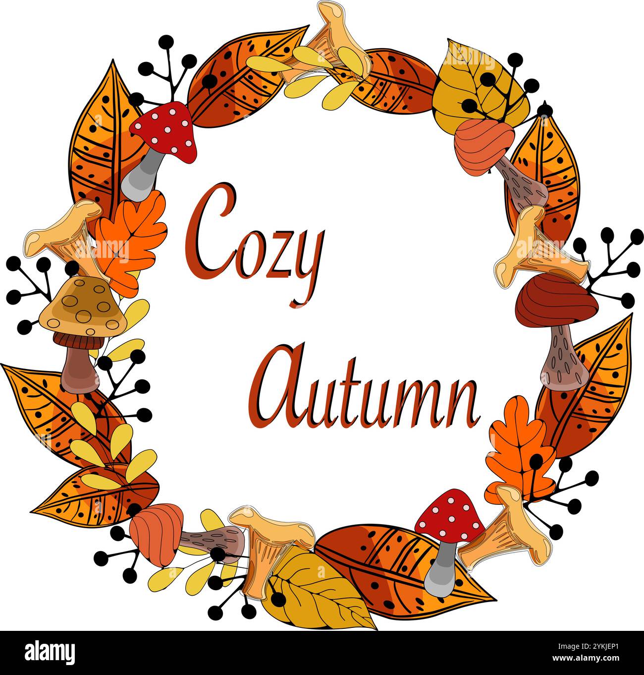 Couronne d'automne avec des feuilles et des champignons et un texte d'automne confortable. Illustration vectorielle Illustration de Vecteur