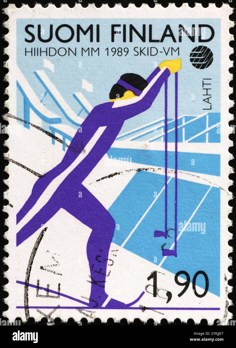 Ski de fond sur timbre-poste finlandais Banque D'Images