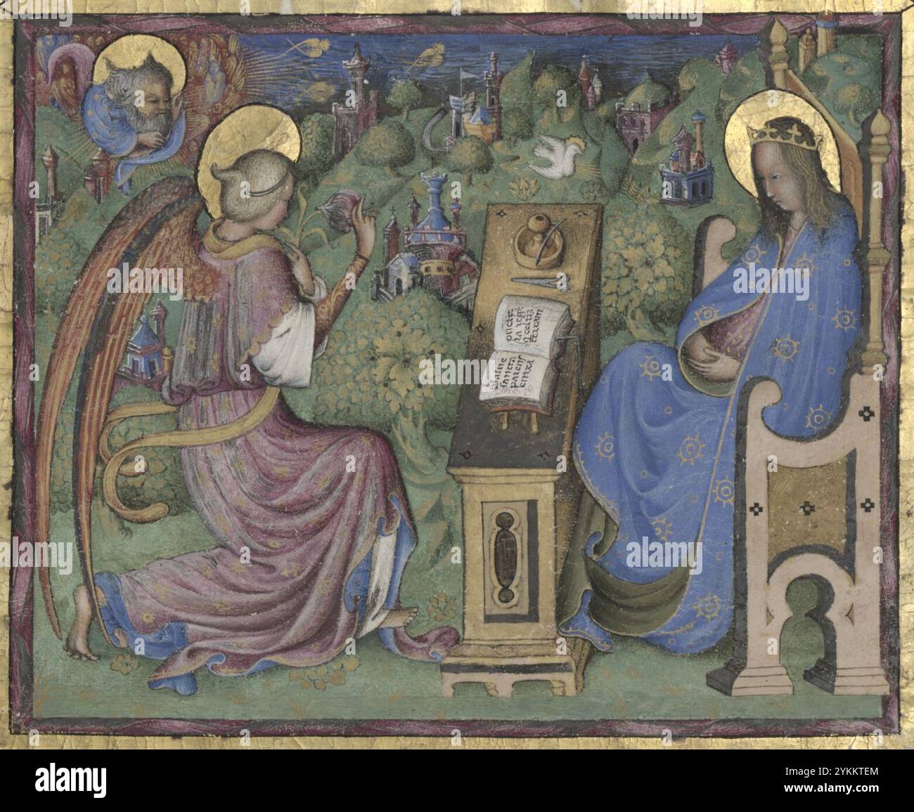 Détail du bas, Belbello da Pavia, initial M excisé d'un Antiphonary, HE Annonciation, (recadré). Banque D'Images