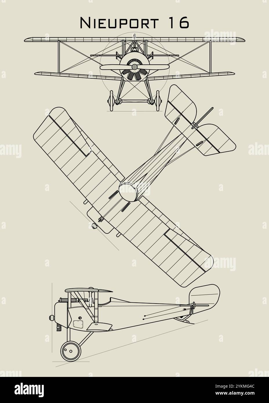 Illustration au trait d'un biplan Nieuport 16, un avion de chasse de l'époque de la première Guerre mondiale. L'image montre trois vues différentes de l'avion Illustration de Vecteur