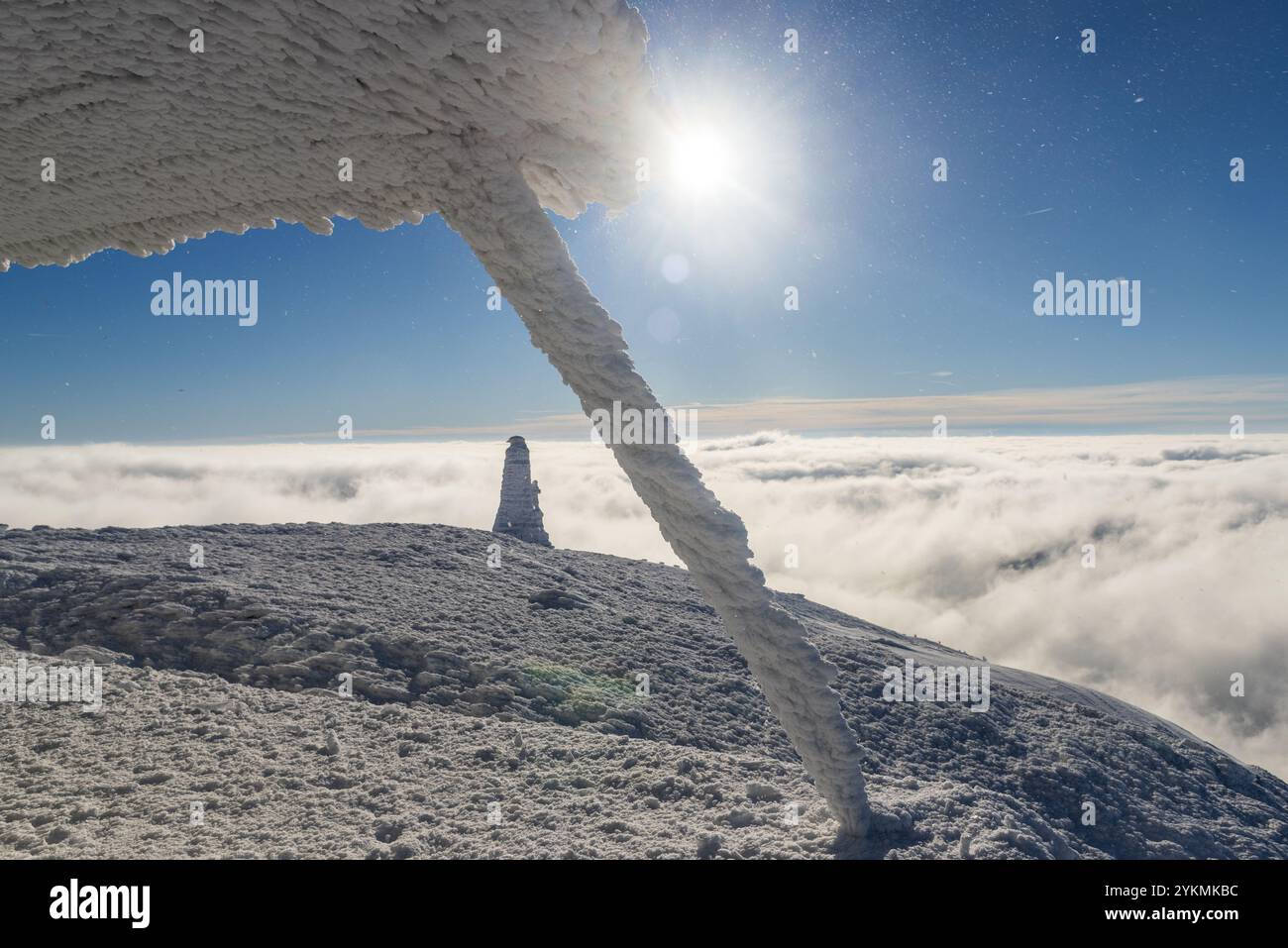 FRANCE, ALSACE, HAUT-RHIN (68), PARC NATUREL RÉGIONAL DES BALLONS DES VOSGES, MONUMENT DES DIABLES BLEUS SOUS LA NEIGE AU SOMMET DU GRAND BALLON EN WI Banque D'Images