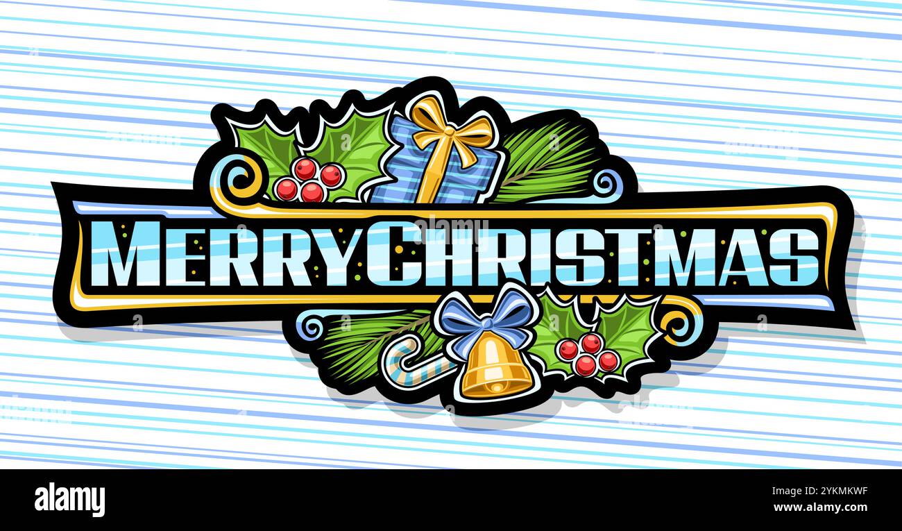 Logo vectoriel pour Joyeux Noël, étiquette décorative noire avec décoration de noël de dessin animé, badge horizontal avec cadeau surprise et cloche dorée avec Illustration de Vecteur