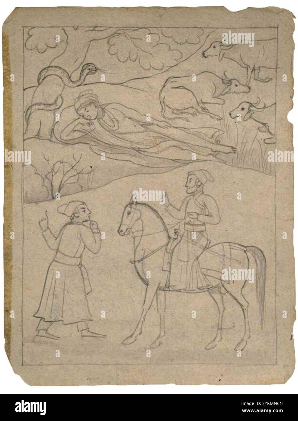 Dessin au pinceau sur papier intitulé « Early intimations of Guru Nanak's divinity », représentant l'histoire de Guru Nanak et d'un serpent (cobra) qui l'ombrage. Banque D'Images