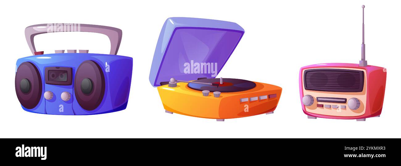 Appareils de musique rétro - boombox bleu avec lecteur de cassettes, platine vinyle orange, récepteur radio portable rose. Collection d'équipement audio vintage avec son analogique. Gadget de divertissement classique Illustration de Vecteur