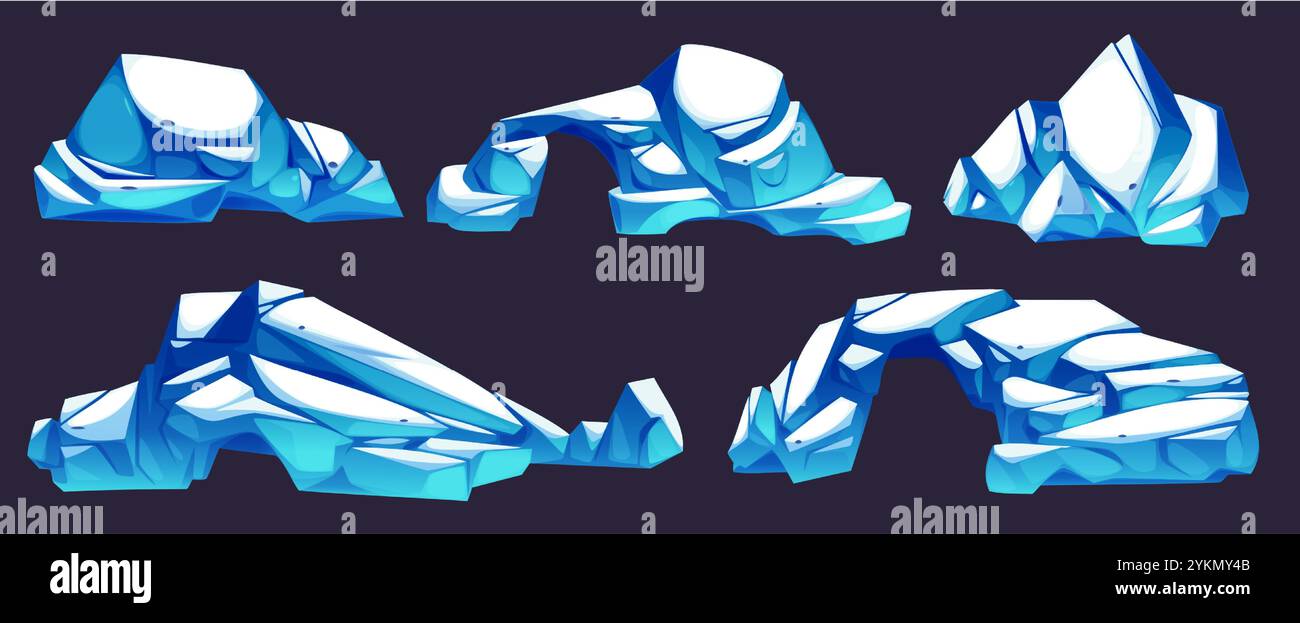 Formations glaciaires de structures arctiques cristallines de formes diverses. Masses de glace de motifs géométriques angulaires avec des reflets turquoise lumineux pour la conception de l'environnement de jeu, éléments de paysage d'hiver. Illustration de Vecteur