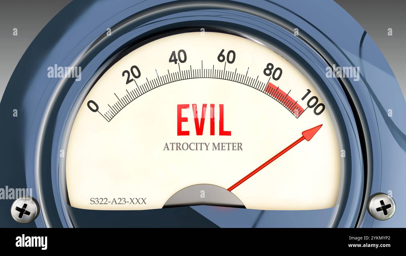 Evil and Atrocity Meter qui frappe une pleine échelle, montrant un très haut niveau de mal Banque D'Images