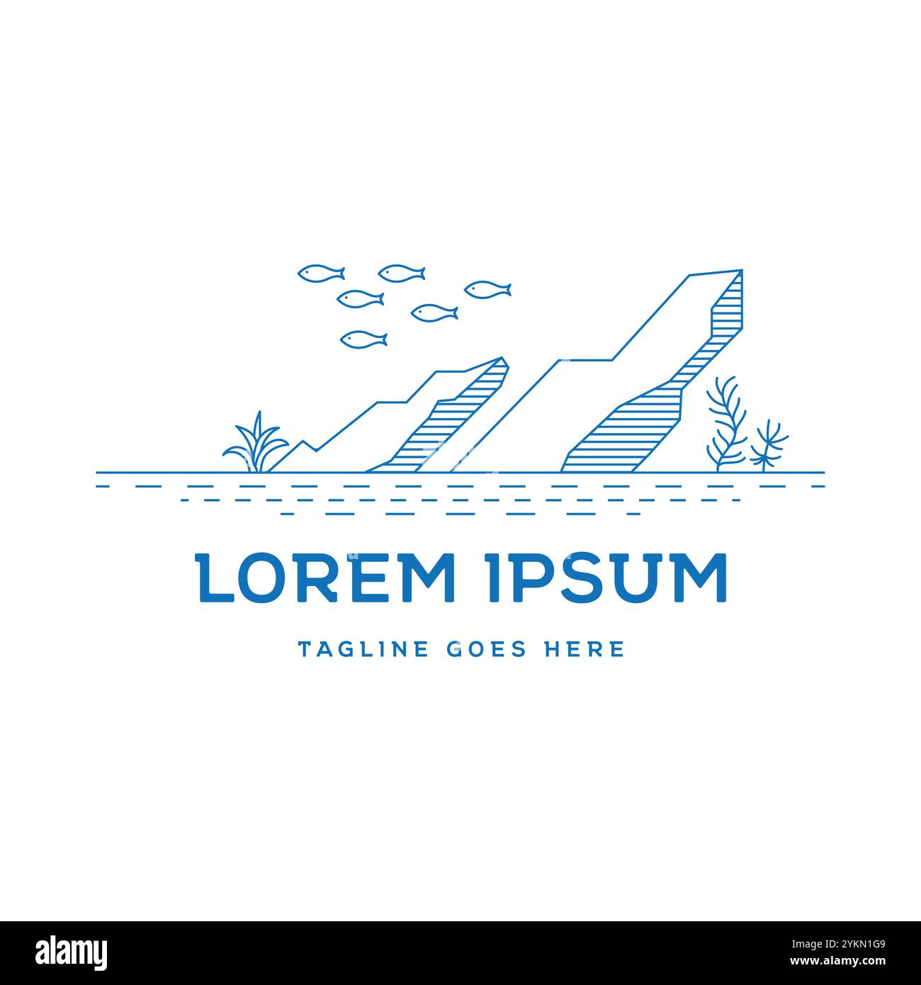 Vie sous-marine minimaliste simple, sable de pierre et poisson d'herbe pour Aquarium Aquascape illustration logo Design Vector Illustration de Vecteur