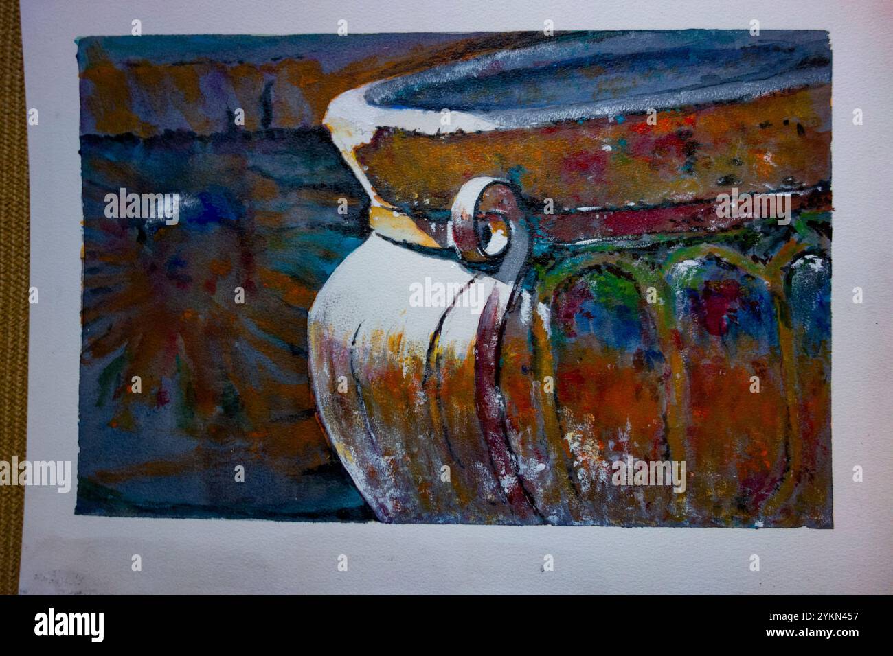 Gros plan d'une peinture vibrante et texturée représentant une ancienne urne ou un vase, mélangeant des styles abstraits et représentatifs avec des couleurs riches et des coups de pinceau expressifs Banque D'Images