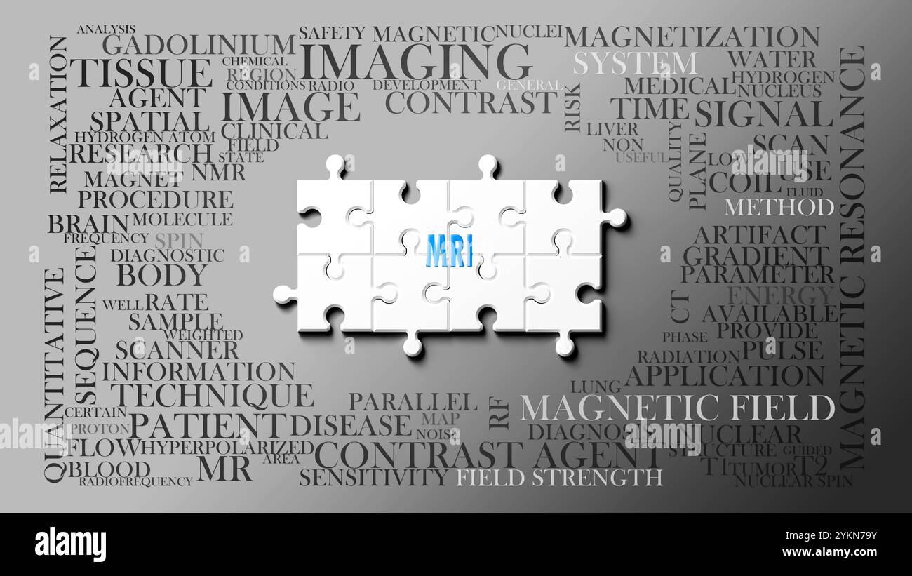 L'IRM en tant que sujet complexe, lié à des sujets importants se propageant comme un nuage de mots. Banque D'Images