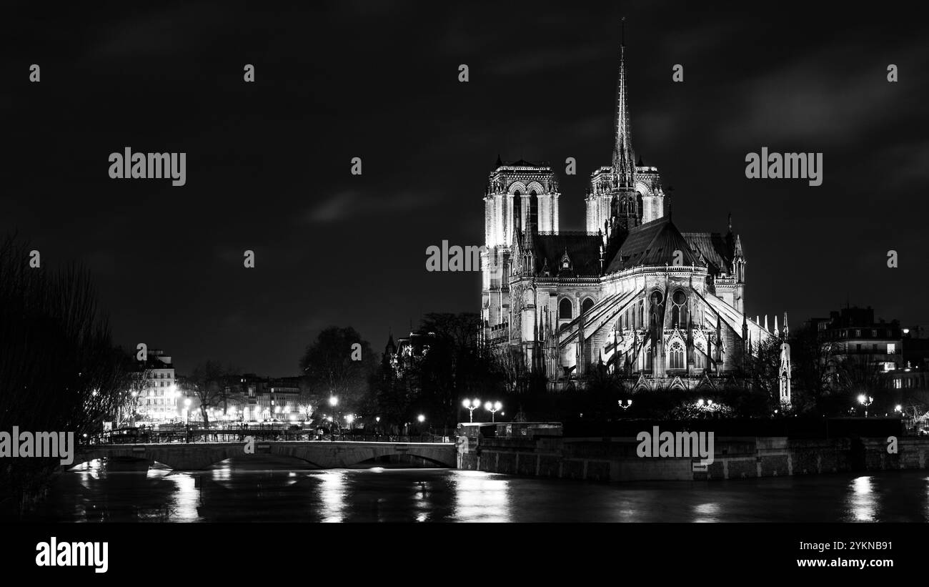 Notre Dame de Paris, France, la nuit, noir et blanc Banque D'Images