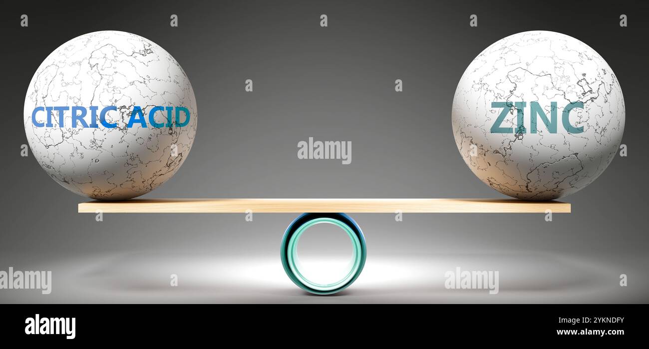 Acide citrique et zinc en équilibre. Métaphore montrant l'acide citrique en équilibre avec le zinc, symbolisant une harmonie souhaitée entre eux. Stabilité. Harmo Banque D'Images