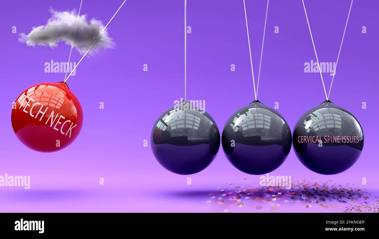 Tech Neck entraîne des problèmes de colonne cervicale. Une métaphore du berceau de Newton montrant comment le cou technique déclenche des problèmes de colonne cervicale. Mise de relation de cause à effet Banque D'Images