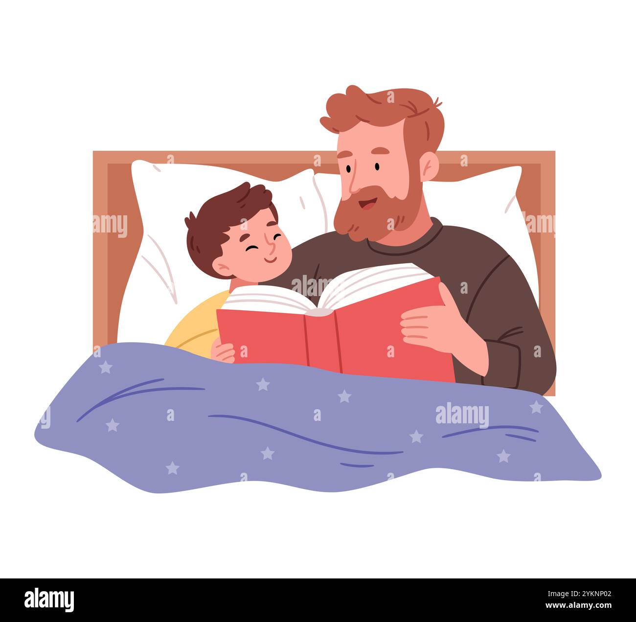 Père et enfants lisant des contes de fées au lit. Papa lit un livre à son fils avant de se coucher. Illustration de Vecteur