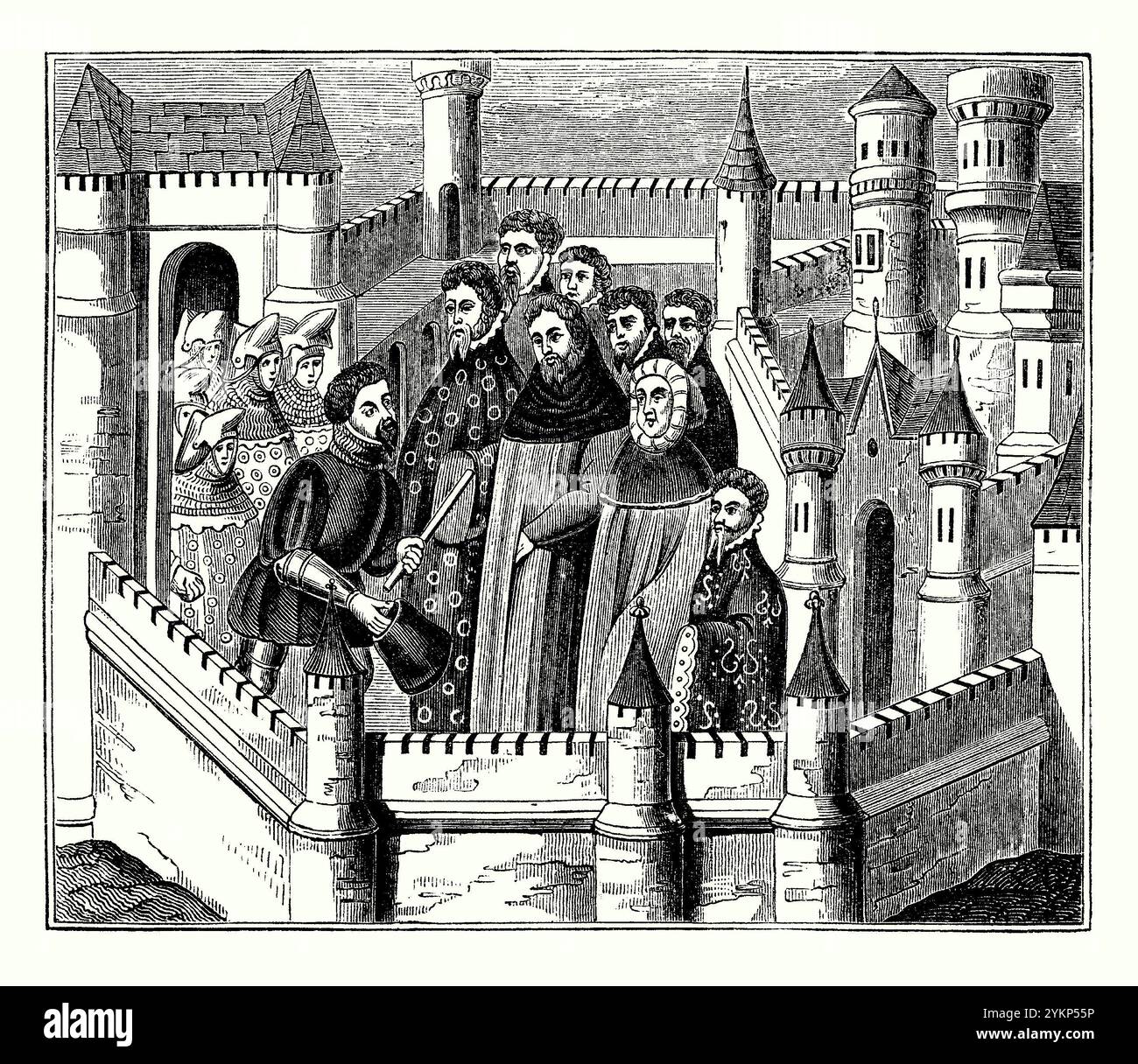 Une vieille gravure du roi Richard II rencontrant Henry Bolingbroke, comte de Derby au château de Flint, Clwyd, au nord du pays de Galles, au Royaume-Uni en 1399 - elle est tirée d'un livre d'histoire victorien. Les cousins Richard (au centre) et Henry (à gauche avec son chapeau à la main) se retrouvèrent face à face, Richard devant abandonner son trône. Henri escorta Richard à Londres où Richard abdiqua et Henri fut couronné roi (Henri IV). Richard mourut un an plus tard en captivité. Banque D'Images