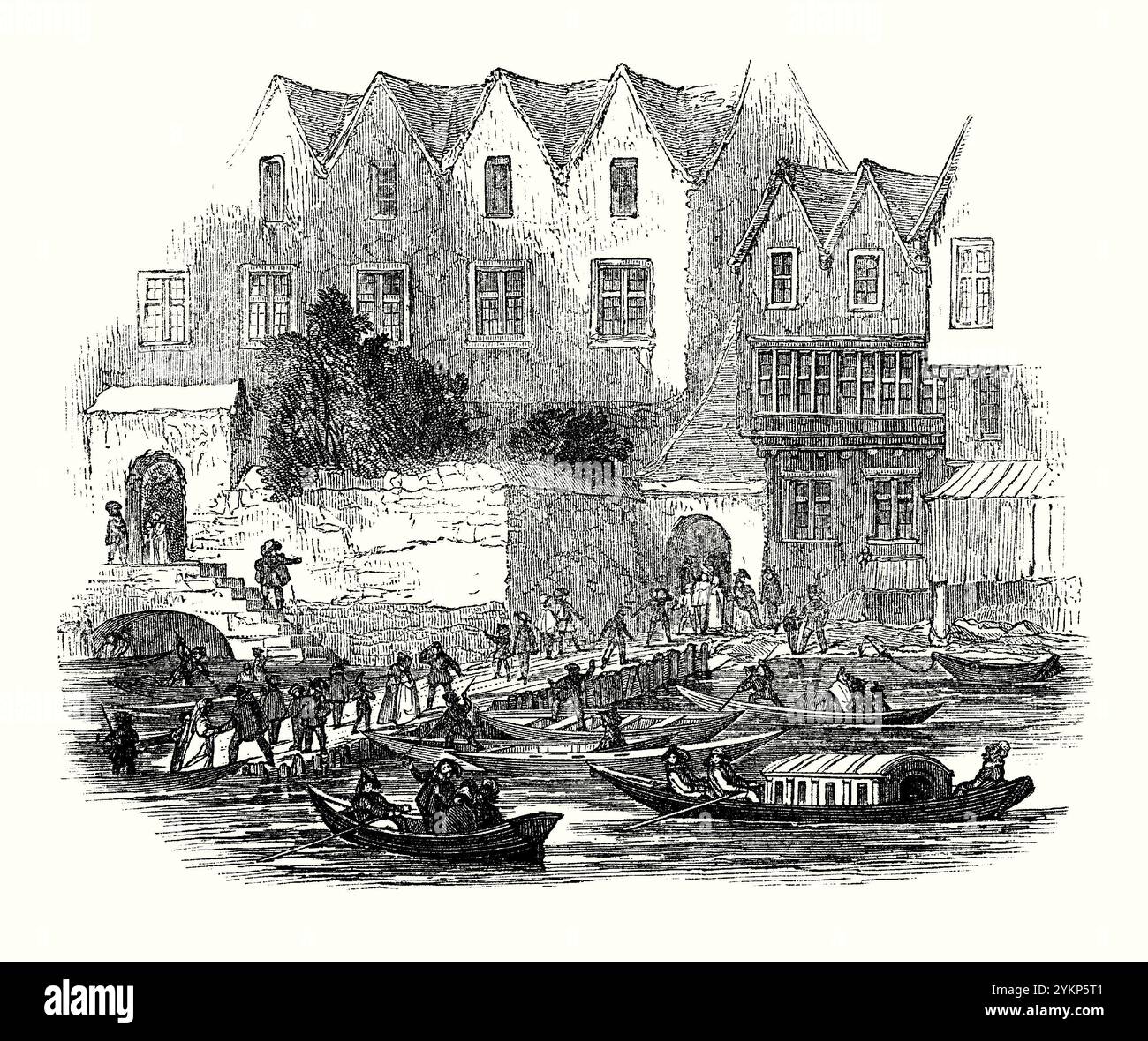 Une ancienne gravure avec une vue de la Tamise montrant les escaliers de cour du palais donnant accès à la rivière au Palais de Westminster, Westminster, Londres, Angleterre, Royaume-Uni c. 1600 - il est tiré d'un livre d'histoire victorienne. Les barges sont visibles au premier plan. Le palais était la résidence principale des monarques anglais avant qu'ils ne déménagent au palais de Whitehall. Henri VIII déménage la résidence royale en 1530 après que les anciens appartements royaux du palais de Westminster aient été détruits par un incendie. Banque D'Images Une ancienne gravure avec une vue de la Tamise montrant les escaliers de cour du palais donnant accès à la rivière au Palais de Westminster, Westminster, Londres, Angleterre, Royaume-Uni c. 1600 - il est tiré d'un livre d'histoire victorienne. Les barges sont visibles au premier plan. Le palais était la résidence principale des monarques anglais avant qu'ils ne déménagent au palais de Whitehall. Henri VIII déménage la résidence royale en 1530 après que les anciens appartements royaux du palais de Westminster aient été détruits par un incendie. Banque D'Images