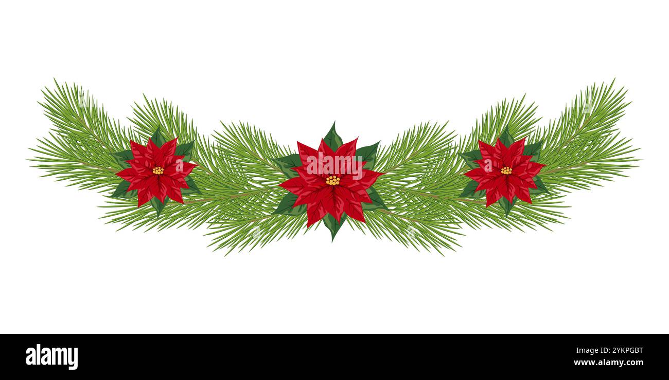 Guirlande de Noël avec des fleurs poinsettia rouges et des branches de pin sur fond blanc. Elément décoratif festif. Concept de vacances de Noël et d'hiver. Illustration de Vecteur