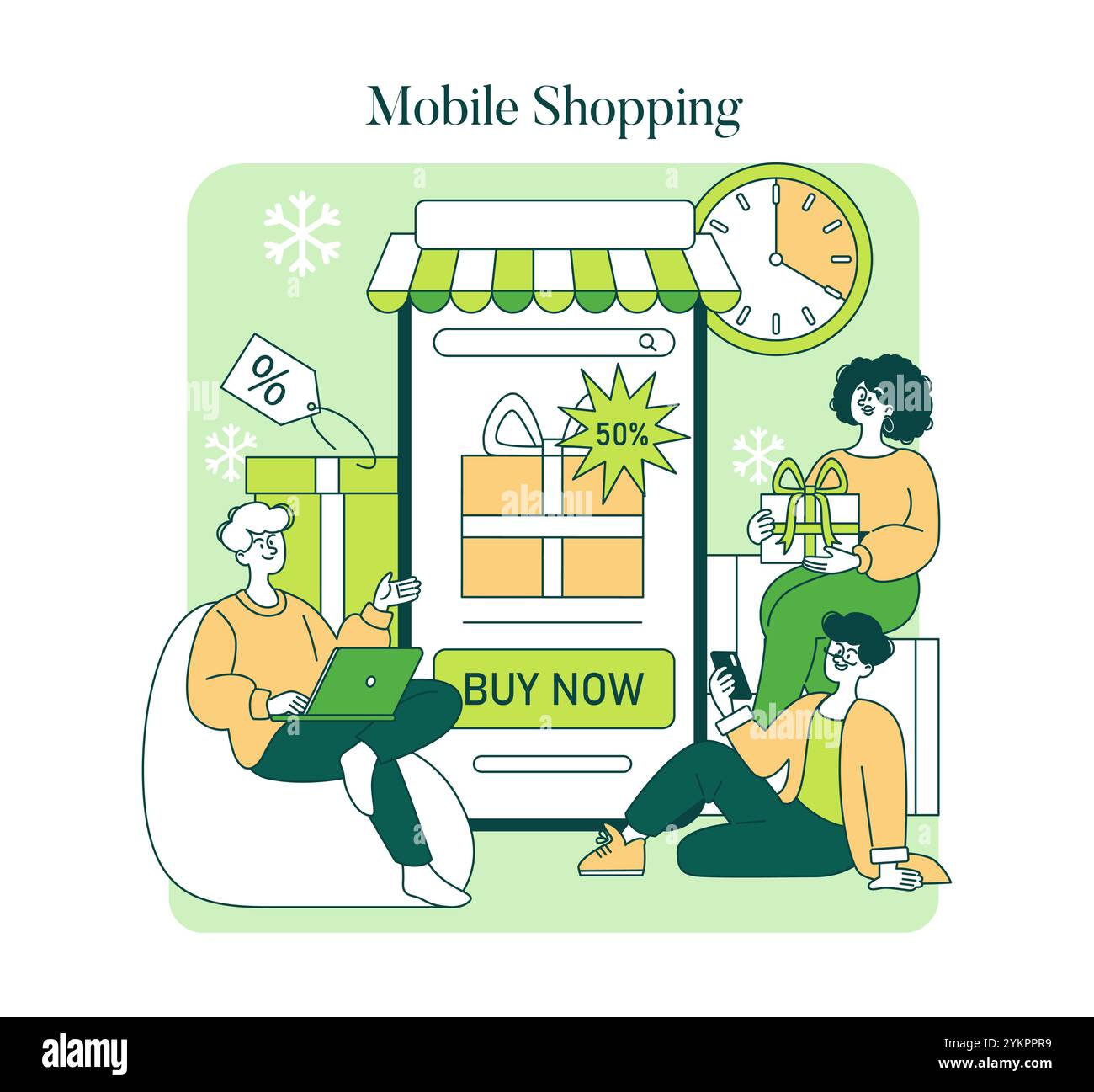Concept du lundi vert. Les gens apprécient les achats en ligne à prix réduit, soulignant la facilité des achats mobiles. Transactions e-commerce confortables. Illustration vectorielle. Illustration de Vecteur