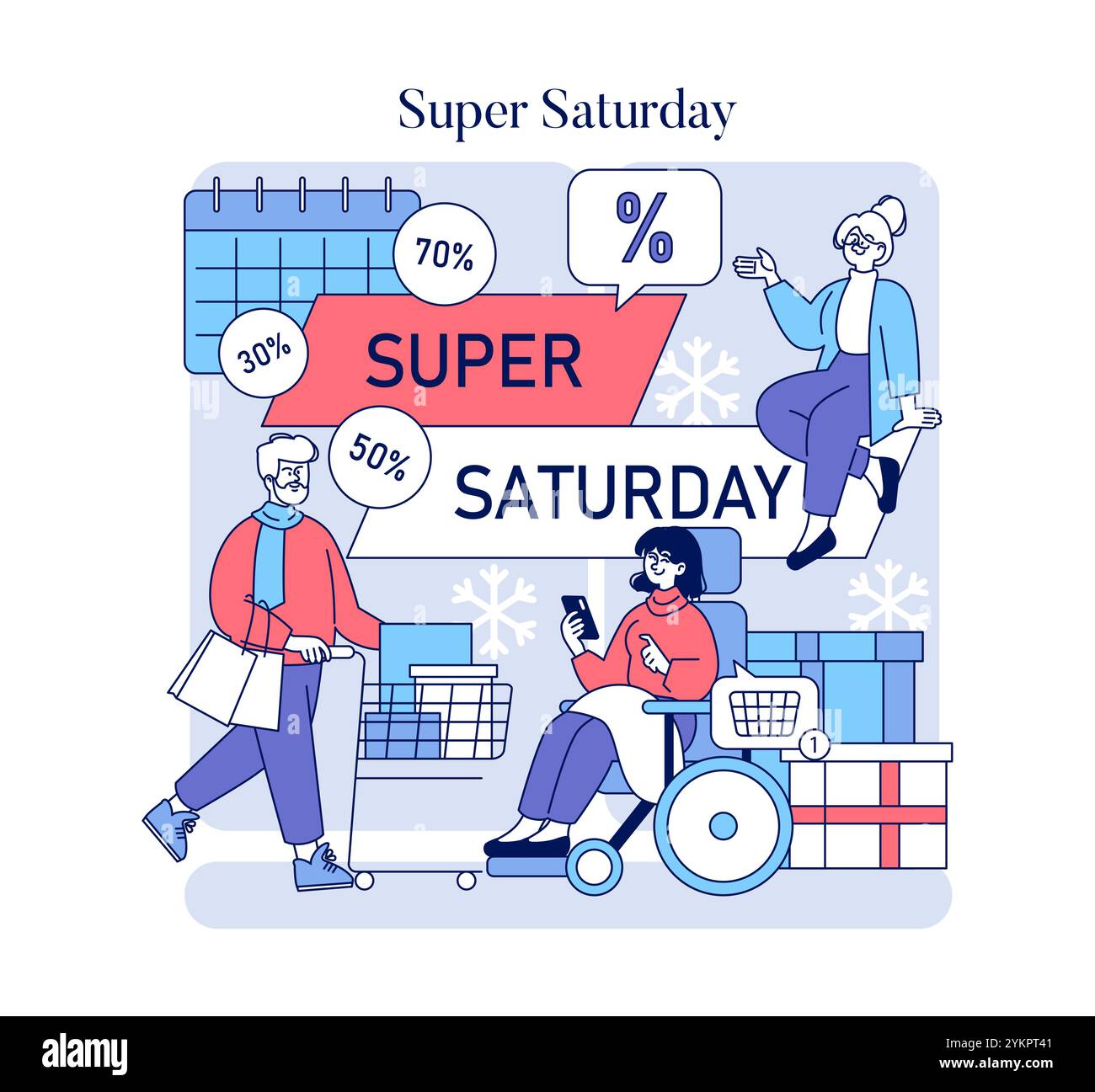 Concept Super Saturday. Les acheteurs bénéficient de réductions festives lors d'un événement de soldes d'hiver. Promotion saisonnière, rush de magasinage des fêtes. Illustration vectorielle. Illustration de Vecteur