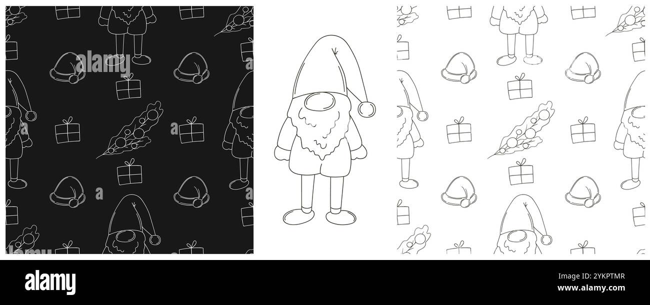 Vacances de Noël. Chapeaux du nouvel an, gnomes, cadeaux. Définissez les motifs monochromes dans le style de dessin à la main. Peut être utilisé pour le tissu, l'emballage et etc Illustration de Vecteur