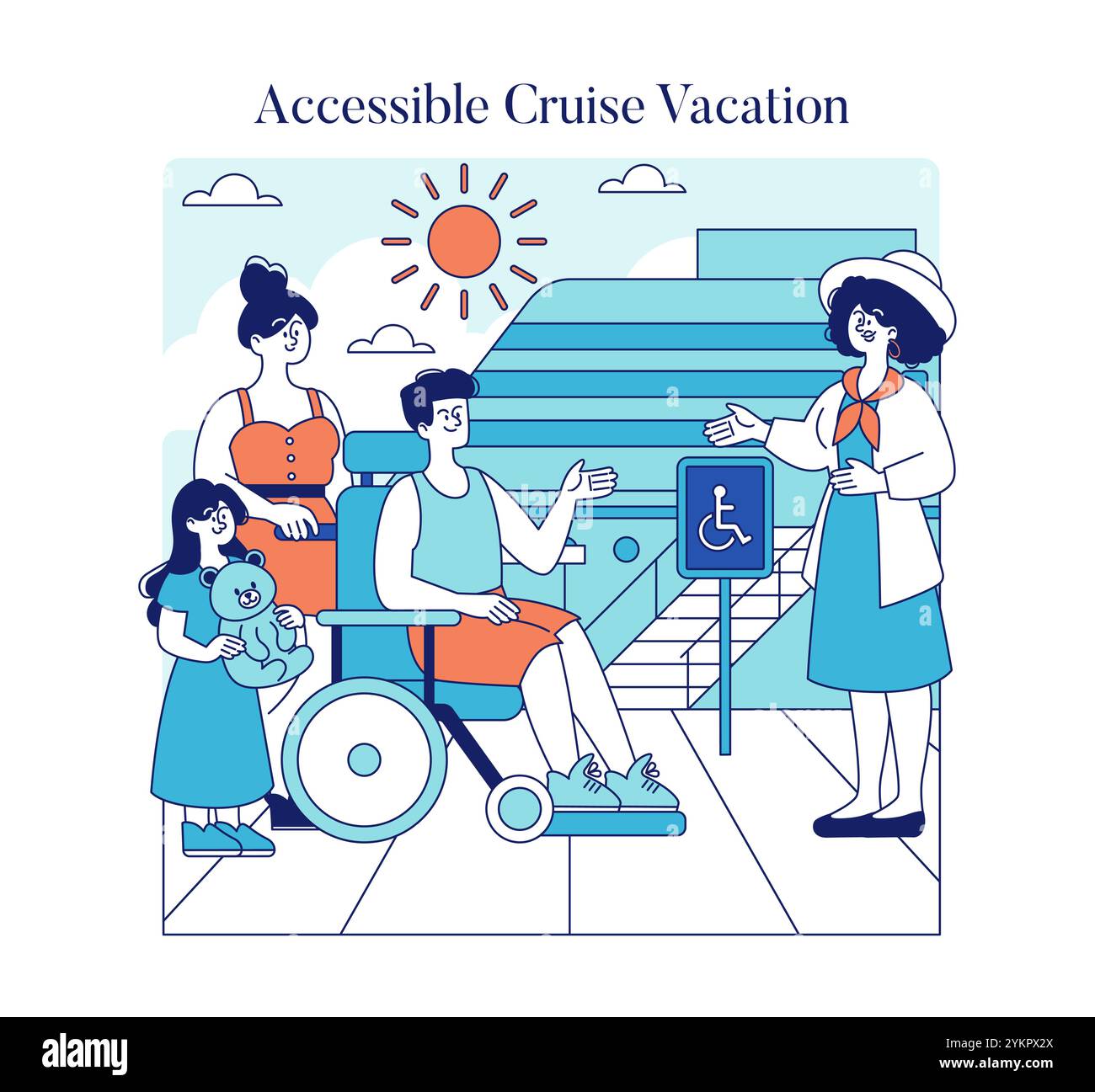 Concept de vacances de croisière accessible. Une famille comprenant une personne en fauteuil roulant profitant des installations de bateau de croisière avec assistance. Voyages et loisirs inclus. Illustration vectorielle. Illustration de Vecteur