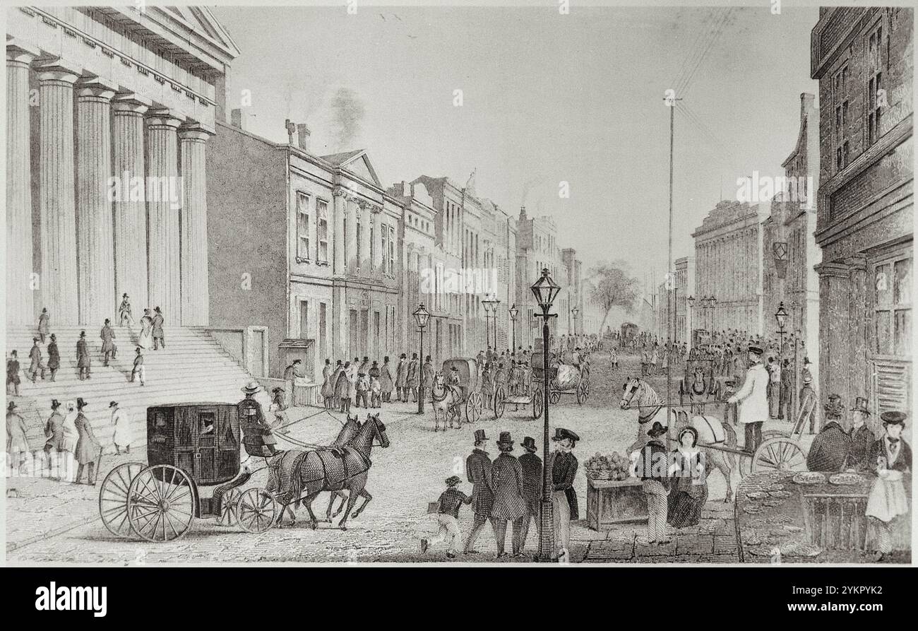 Illustration vintage de Wall Street du coin de Broadway. New York. ÉTATS-UNIS. 1867 Banque D'Images