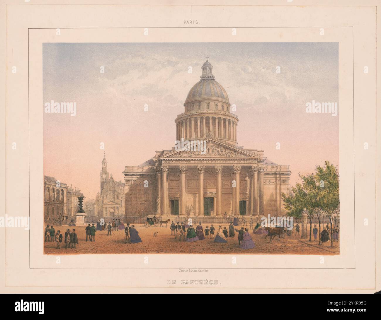 Imprimer montre une vue de niveau rue du Panthéon, Paris, France, avec des piétons dans la rue au premier plan. Banque D'Images