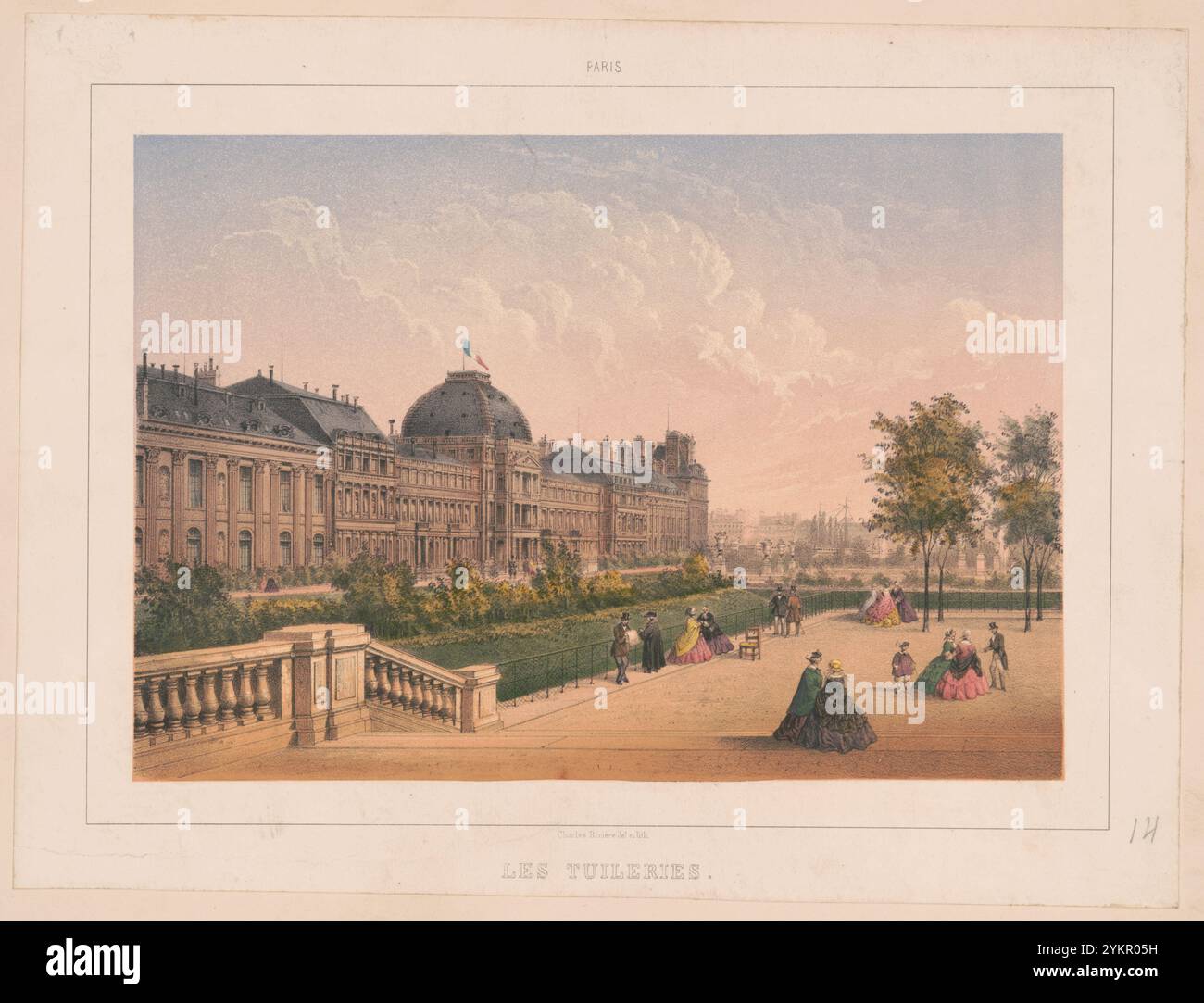 Print montre une vue du Palais des Tuileries, Paris, France, avec des piétons au premier plan. Banque D'Images