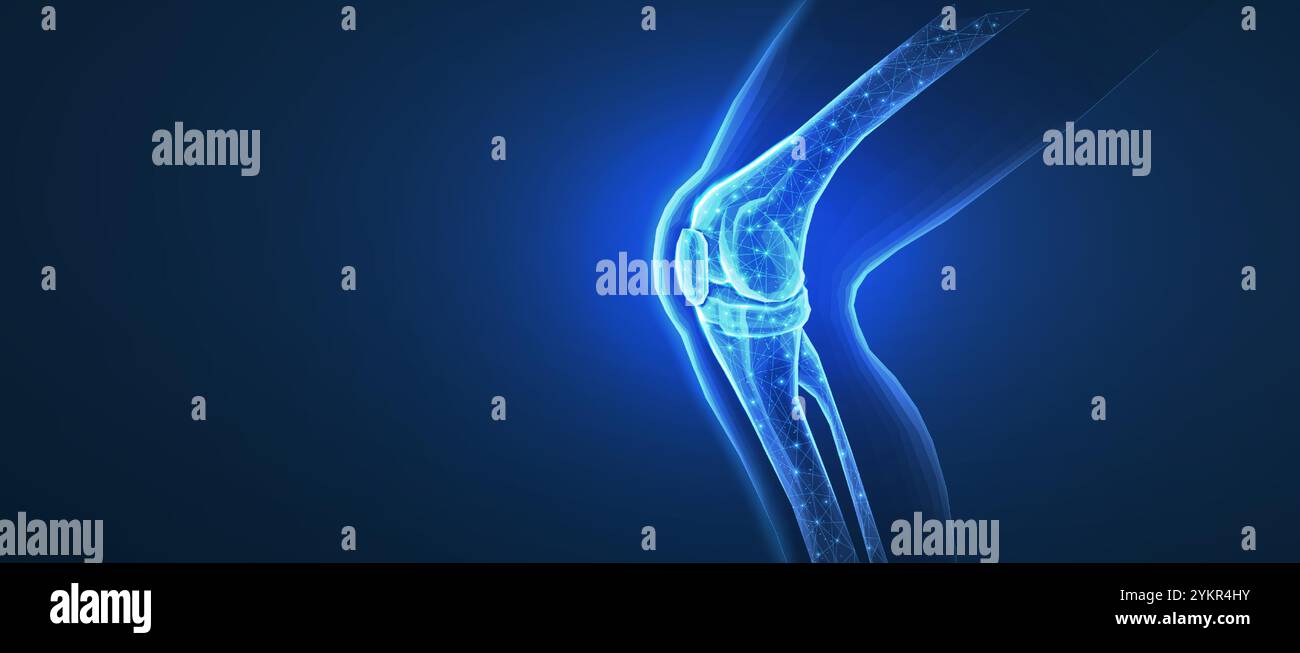 Articulation du genou isolée sur bleu. Santé osseuse, soins de physiothérapie Illustration de Vecteur