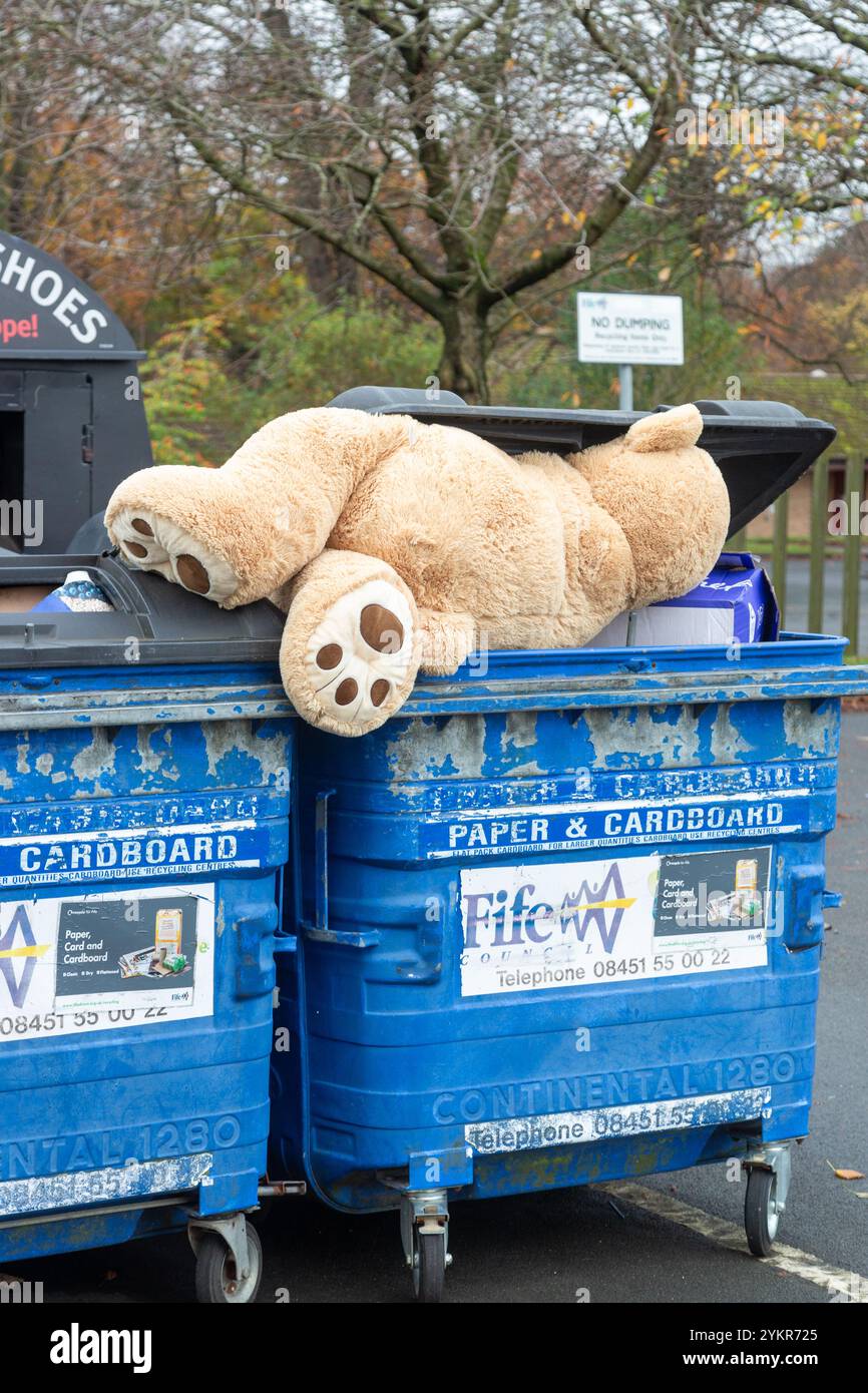 Un grand ours en peluche jeté dans un bac de recyclage en papier et carton Banque D'Images