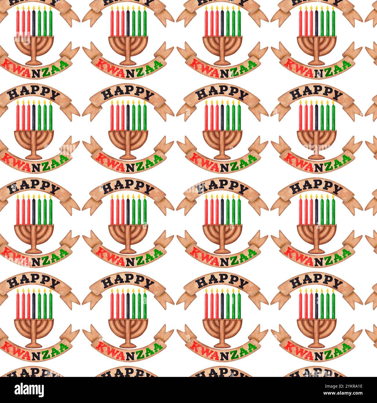 Modèle sans couture Kwanzaa dans les couleurs panafricaines traditionnelles - rouge, vert, noir. Kinara, sept bougies allumées. Junetenth. Jour de la liberté. Wat. Dessiné à la main Banque D'Images