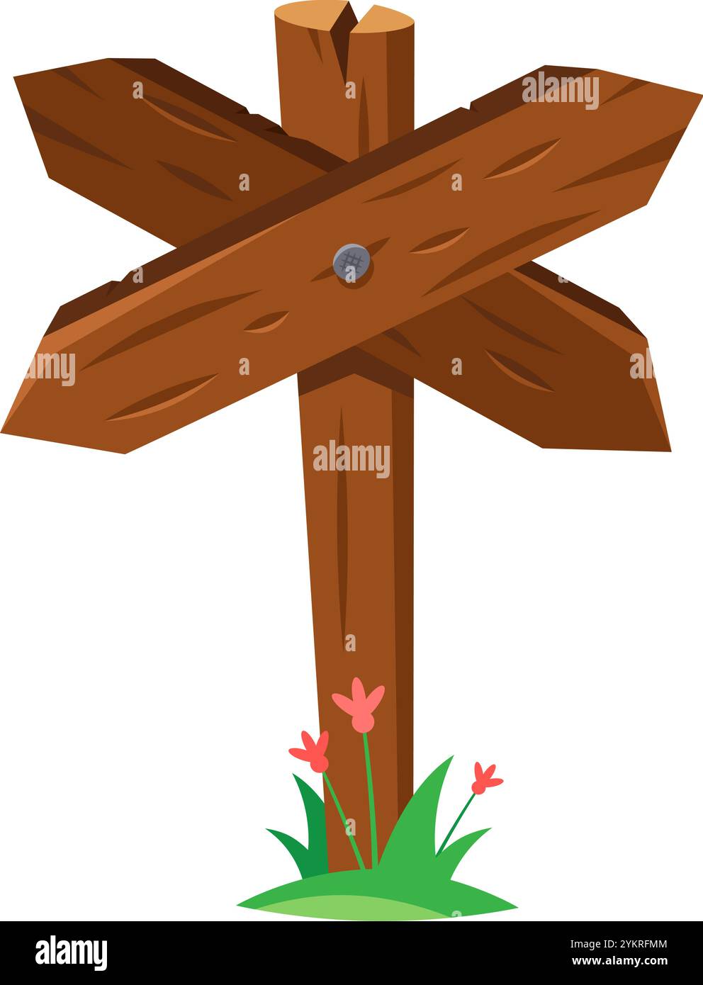Panneau indicateur vide en bois avec quatre flèches pointant dans des directions différentes, debout dans l'herbe verte avec des fleurs roses à sa base, isolé sur blanc Illustration de Vecteur