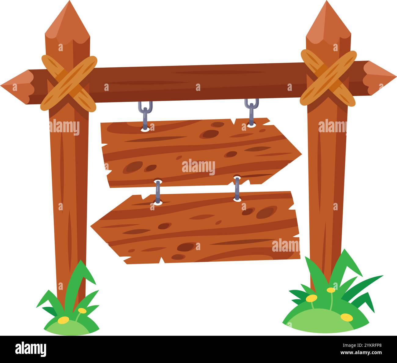 Panneau de signalisation en bois avec deux panneaux en forme de flèche pointant dans des directions différentes suspendues à des chaînes, indiquant plusieurs chemins ou choix Illustration de Vecteur