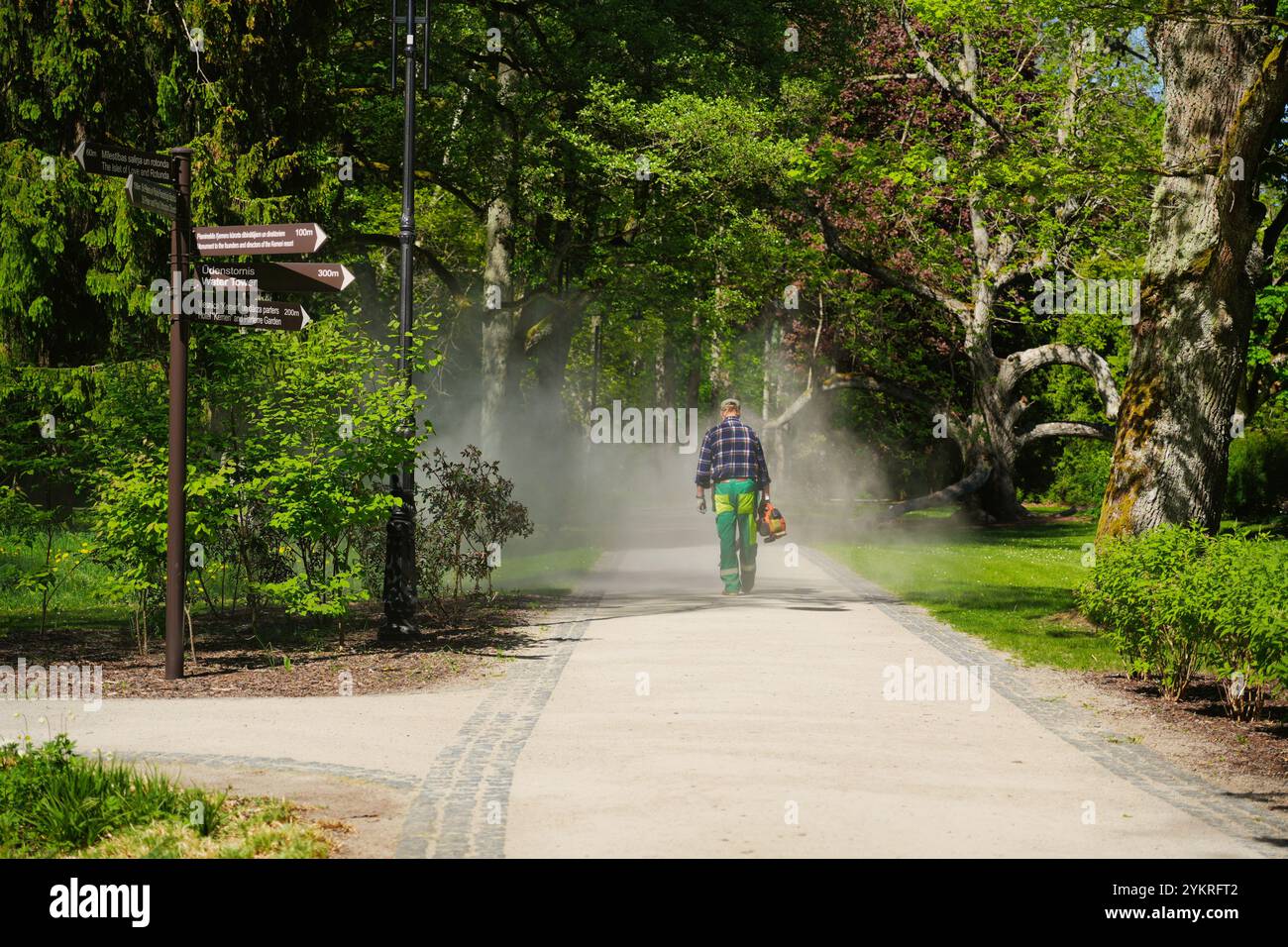 Un chemin de parc serein bordé d'arbres luxuriants et un ouvrier avec un souffleur de feuilles. Des panneaux directionnels guident le chemin, ajoutant une touche d'aventure. Banque D'Images