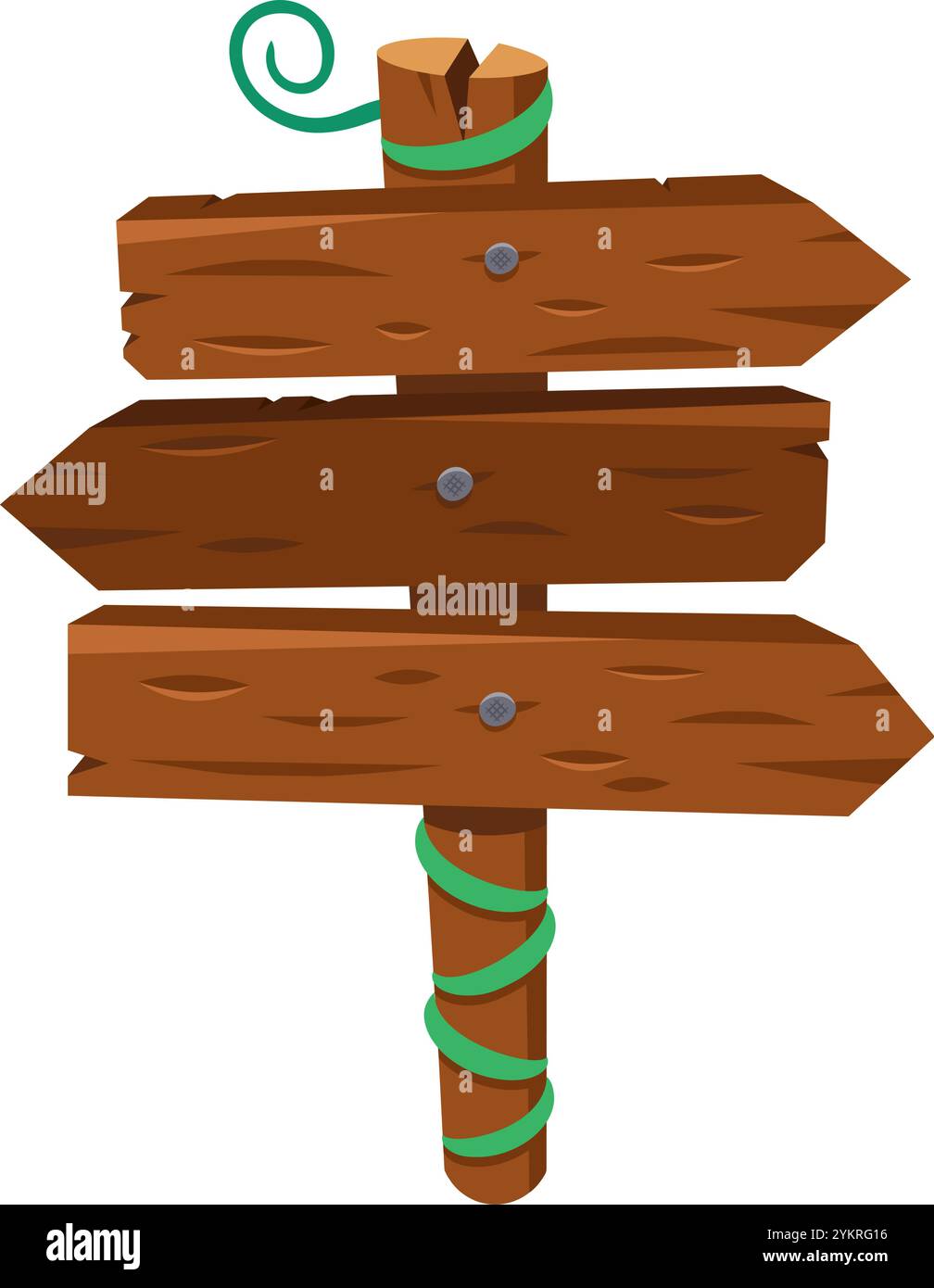 Panneau de signalisation en bois avec trois flèches pointant dans des directions différentes, attaché avec une corde verte, fournissant guidage et direction Illustration de Vecteur
