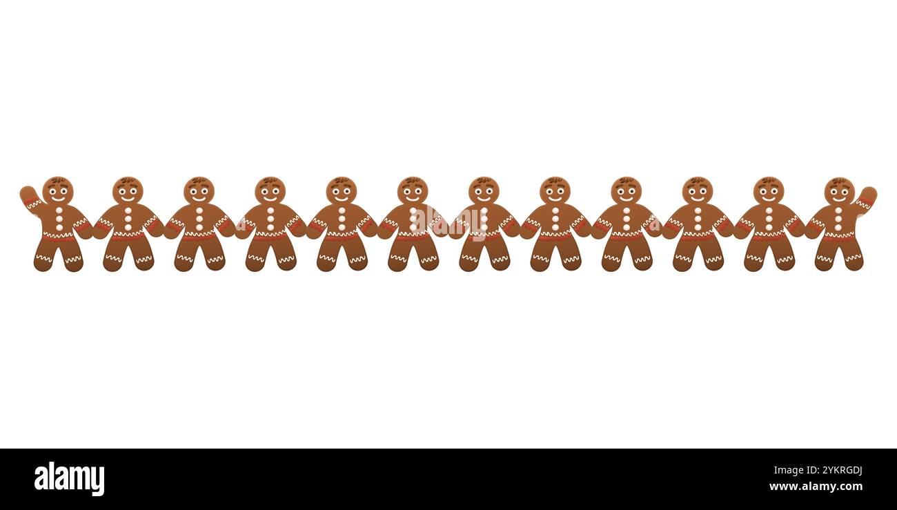 Rangée d'hommes joyeux en pain d'épice se tenant la main. Aligné des biscuits en pain d'épices souriants, 12 figurines décorées de glaçage. Banque D'Images