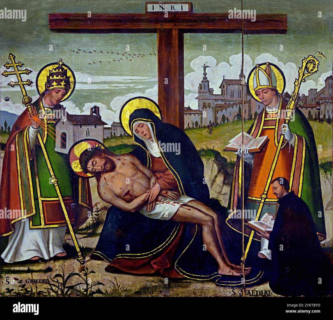 Tableau de Pieta (retable) par Pere Mates 1500/1599 16ème siècle, Musée des Beaux-Arts de Gérone, Espagne, espagnol, ( Pieta, Vierge Marie, tenue et deuil, corps mort de Jésus, Marie la mère en deuil , corps de Jésus, après la Crucifixion, ) Banque D'Images