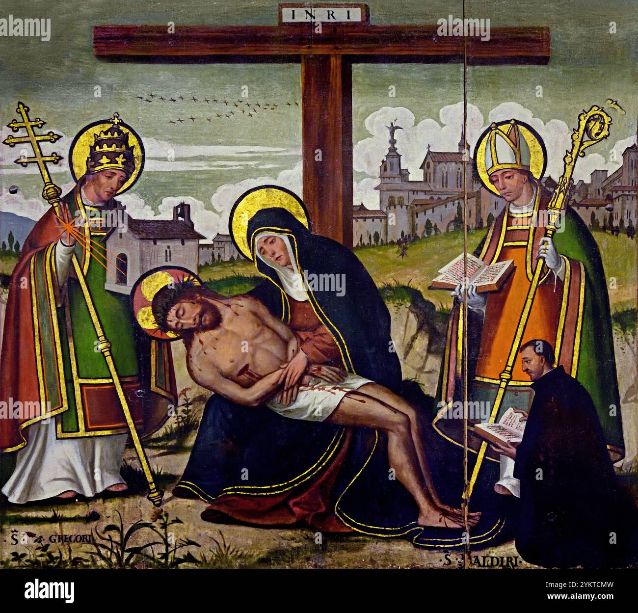 Tableau de Pieta (retable) par Pere Mates 1500/1599 16ème siècle, Musée des Beaux-Arts de Gérone, Espagne, espagnol, ( Pieta, Vierge Marie, tenue et deuil, corps mort de Jésus, Marie la mère en deuil , corps de Jésus, après la Crucifixion, ) Banque D'Images