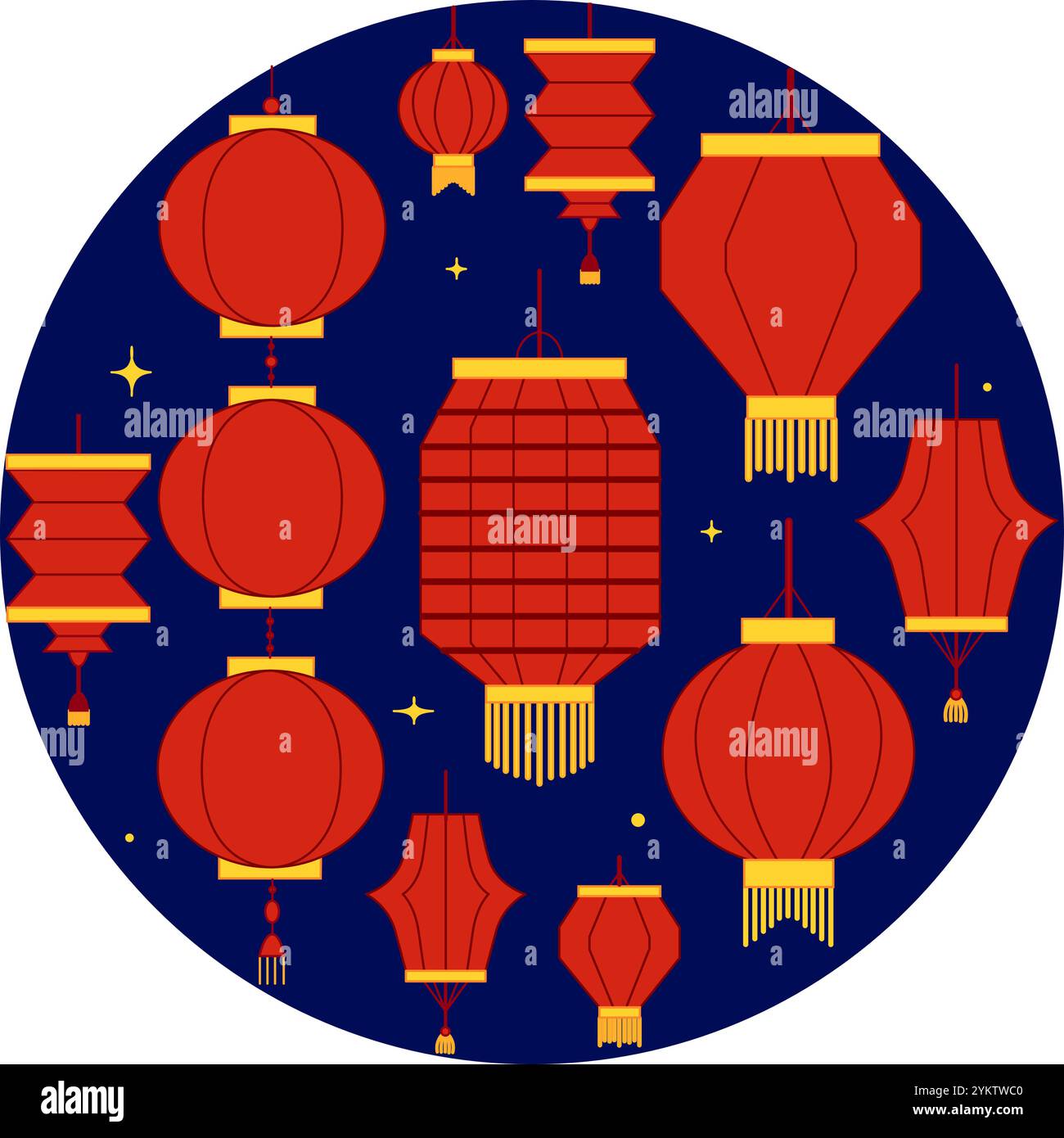 Lanternes orientales asiatiques en papier rouge isolées sur fond sombre dans une composition ronde circulaire. Parfait pour toutes les vacances dans le style asiatique. Graphique vectoriel Illustration de Vecteur